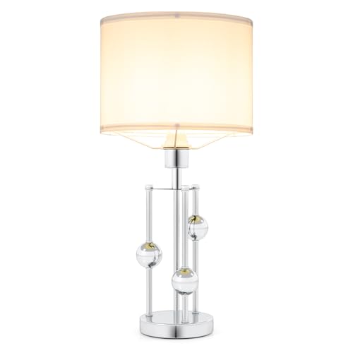 RELAX4LIFE Lampada da Tavolo, Lampada da Comodino con Paralume in Tessuto di Lino, 3 Sfere Decorative, Stile Moderno, Abat Jour da Comodino per Camera da Letto, Soggiorno e Studio