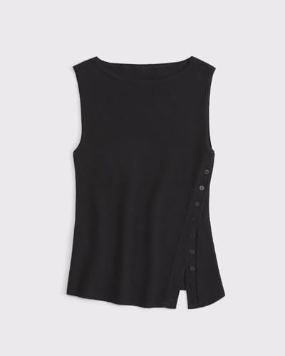 Image of Womens Asymmetric Side Button Sweater Vest Y2k Sleeveless Boat Neck Side Split Sweater Trendy Ribbed Knit Tank Top Black