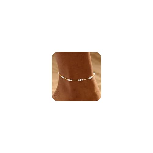 Warshion Ankle Bracelets for Women - 14K Gold Plated Waterproof Gold Anklet Delicate Chain Womens Anklets Summer Beach Pearl Jewelry Layering Gift Non Tarnish