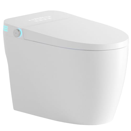 Inodoro inteligente con bidé integrado, tapa automática de apertura y cierre, descarga por sensor de pie, asiento calefactado, lavado y secado con agua tibia, luz nocturna, pantalla digital, inodoro monobloque sin tanque para baño, color blanco