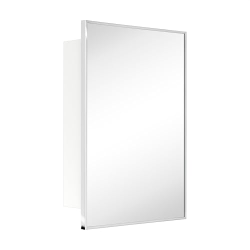 Image of TEHOME 16.5'' x 24'' Chrome Recessed and Surface Mount Bathroom Medicine Cabinet with Mirror Square Cornered Metal Framed Rounded Rectangle Medicine Cabinet Mirror