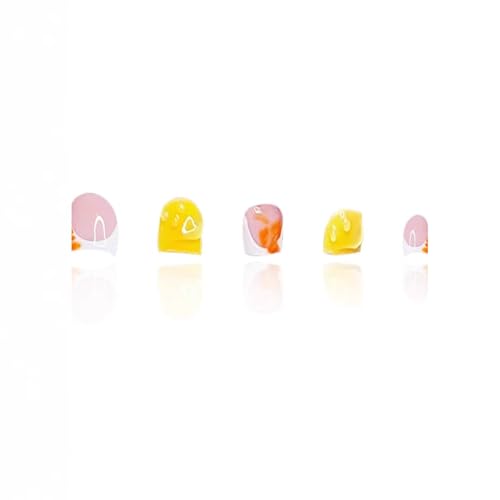 Image of 48 Pcs Flower Press on Nails & Press on Toenails Set French Tip Nail Yellow Square Fake Nails with 3D Floral Design Glossy Glue on Toes Artificial Acrylic Full Cover Stick on Nails for Women Manicure