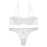 ALDOLA büstenhebe Damen BH mit bügel Sets für Damen Weiß Damen BH-Sets Sexy Spitze Unterwäsche Set Lingerie für Push up BH and Slip BH mit halber Abdeckung (Größe:90D)
