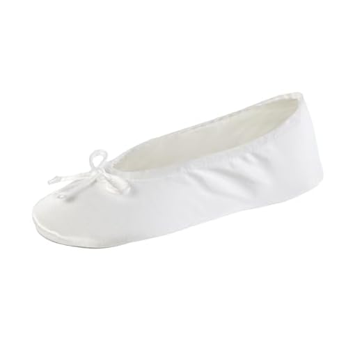 Isotoner Ballerina Slippers for Women – Soft Satin House Shoes with Bow and Suede Sole – Classic Comfy Travel and Bedroom Slippers – Cute Bridal Party Slippers, White Soft Tie Bow, 8-9