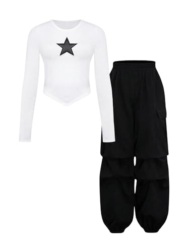 Image of RoseSeek Girl's 2 Piece Outfits Long Sleeve Asymmetrical Star Graphic Tees and Cargo Pants Casual Fall Clothes Black and White 11Y
