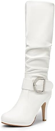 DREAM PAIRS Paris Women's Chic Fashion Platform Knee High Rhinestone Buckle Slouchy Faux Fur Interior High Heel Boots White PU Size 8.5