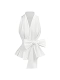 SOLY HUX Women's Tie Front Peplum Tank Top Summer Wrap Collar V Neck Evening Party Blouse Plain White Medium