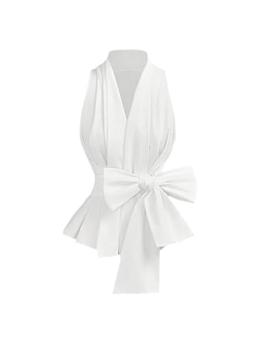SOLY HUX Women's Tie Front Peplum Tank Top Summer Wrap Collar V Neck Evening Party Blouse Plain White Small
