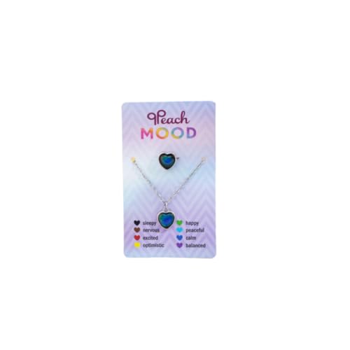 QRH Cute Heart Temperature Sensing Color Changing Mood Necklace Ring Set Cute Heart Emotion Feeling Mood Necklace Open Rings with Card for Women Couple Friendship Jewelry Gifts
