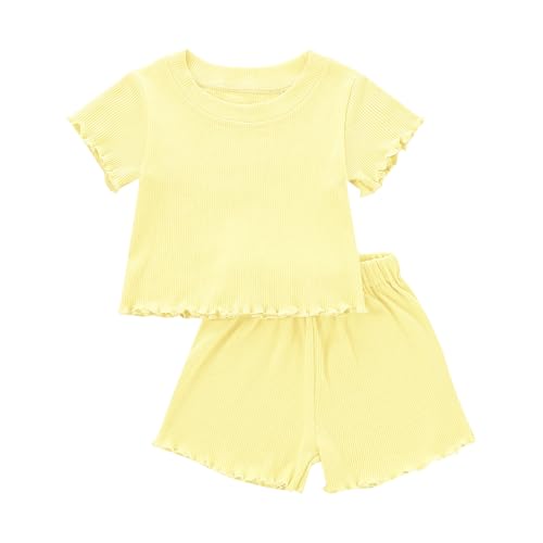 Image of Toddler Girl Clothes Summer Outfit Short Sleeve Shorts Set 12M-5T | Soft ribbed knit toddler girl outfit with breathable fabric, ruffle top, comfy shorts and stretchy fit for summer daily wear.