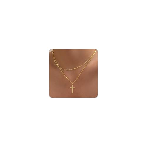 GRCLD Cross Necklace for Women Dainty 14K Gold Plated Layered Cross Pendant Necklace Stack Simple Trendy Cute Charm Choker Necklaces Jewelry Gift for Women Her (Bead Set Gold)