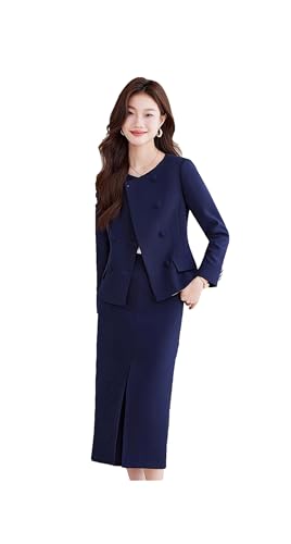 Women's Elegant Comfortable Business 2-Piece Suit with Double Breasted O-Neck Jacket and Skirt