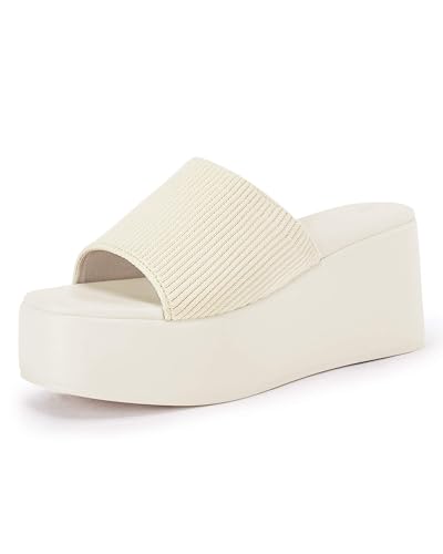 Image of Coutgo Womens Platform Slides Sandals Square Open Toe Slip On Elastic Band Casual Lightweight Wedge Shoes