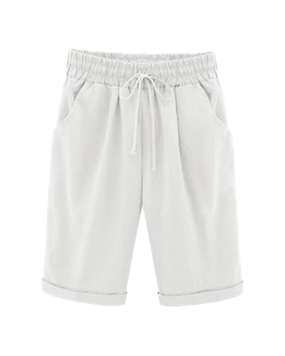 Rayson Bermudas de Mujer Verano Pantalones Cortos Largos de Algodón Casual Ligeros Pantalon Cortos con Bolsillos y Cordón Bermudas Shorts para Salón Camping Golf Deportes(Blanco,XL)