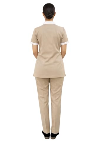 Image of UNIFORM CRAFT Women Executive Uniform Set - Top & Pant with White Collar | Formal Office Wear | Hospitality & Corporate Staff Uniform - Beige - XL