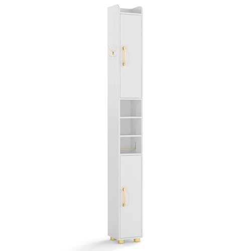 Image of Tangkula Narrow Bathroom Cabinet, 69.5 inch Tall Storage with 2 Doors & Adjustable Shelves, Toilet Paper Rod & Side Hook, Anti-toppling Design, Slim Floor Cabinet for Small Spaces (White, 1 Pack)