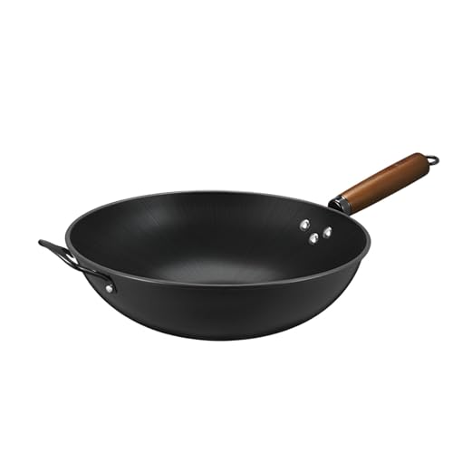 Żeliwny wok z drewnianym uchwytem niepowlekana ciężka patelnia du do autentycznego chińskiego gotowania nieprzywierająca poduszka kuchenna idealna do smażenia smażenia smażenia i sosowania