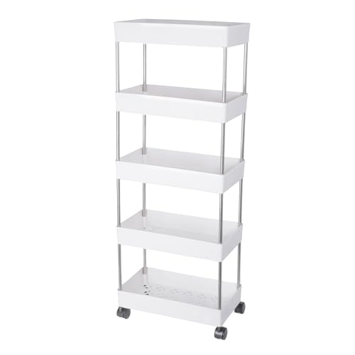 Image of Multipurpose 5-Tier Storage Shelf, Storage Rack with Wheels, Storage Organizer Cart for Kitchen, Pantry Closet, Bedroom, Bathroom(5 Layer, White)