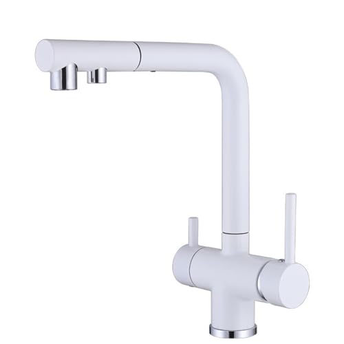 Rubinetto Lavello Cucina 3 Vie con Doccetta Estraibile Girevole 2 Modalità Multifunzione Rubinetto Miscelatore Tre Vie da Cucina-Bianco