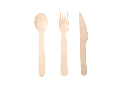 300 Cubiertos desechables de madera. Biodegradables y compostables. 100 x tenedores, cuchillos y cucharas de 165 mm.