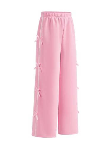 OYOANGLE Girl's Cute Bow Side Elastic Waist Sweatpants Y2K Straight Leg Trousers with Pocket