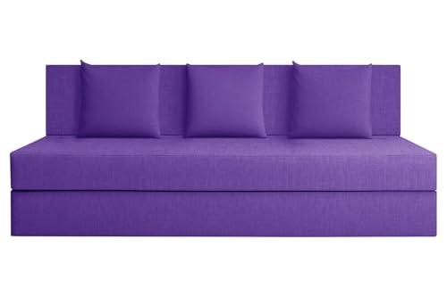 Image of Rosebell Three-Person Jute Sofa Cum Bed | Compact & Lightweight | Removable Washable Cover- Including 3 Cushion | 5x6 Ft Size | Home or Office - Purple Color