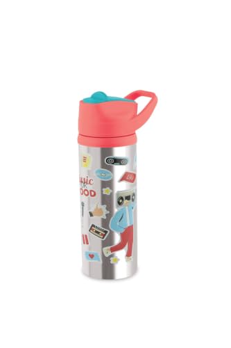 Image of Stainless Steel 600ML Sipper Water Bottle for Kids & Adults | Leakproof BPA-Free Gym Bottle with Flip Lid & Carry Handle | Music Print Design (Pack of 1, Orange)