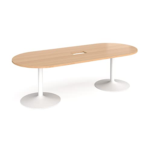 Image of Mr Office Trumpet base radial end boardroom table, power ready with cutout - white base, Beech