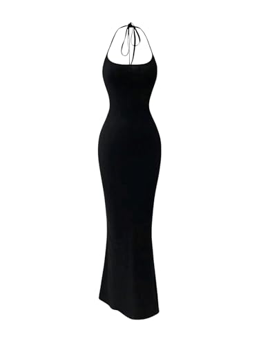 GORGLITTER Women's Sexy Fishtail Long Dresses Sleeveless Halter Tie Backless Bodycon Maxi Sundress Black Medium