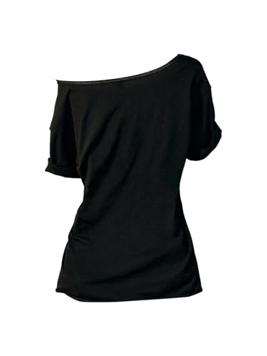 Image of RoseSeek Women's Off The Shoulder Goth Graphic Tees Short Sleeve Asymmetrical Oversized Y2K T Shirts