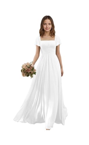 Farichos Long Junior Bridesmaid Dress Short Sleeves White Girls Formal Gowns Ruffle Chiffon First Communion Dresses 5T
