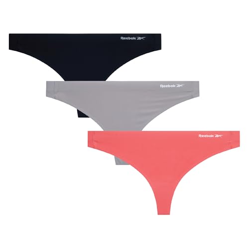 Reebok Womens Thong Underwear - 3 Pack Sexy Cut Seamless Thongs for Women - Breathable Stretch Performance Womens Underwear, Size X-Large, Coral/Grey/Black - 3pk