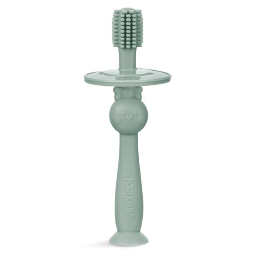 Image of haakaa Infant Toothbrush, Easy to Hold 360° Baby Toothbrush, Train 6month+ Infants Babies and Toddlers for Oral Hygiene, Teether Effect for Sore Gums, 1pc (Pea Green)