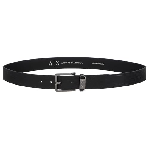 Armani Exchange Men's Monocolor, Silver buckle, mini logo plate, Tongue Belt, Black, 100