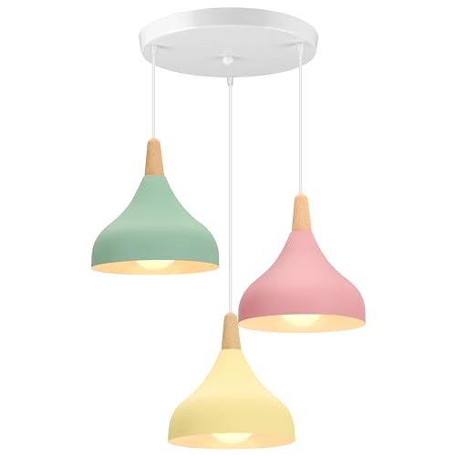 iDEGU 3 Hängelampen, Retro, E27, Kronleuchter, Hängeleuchte, modern, Tropfen-Stil, Hut, Deckenleuchte, Metall, Holz, Deckenleuchte, für Esszimmer, Wohnzimmer, Küche, Ø 20 cm (Grün + Rosa + Gelb, Stab)