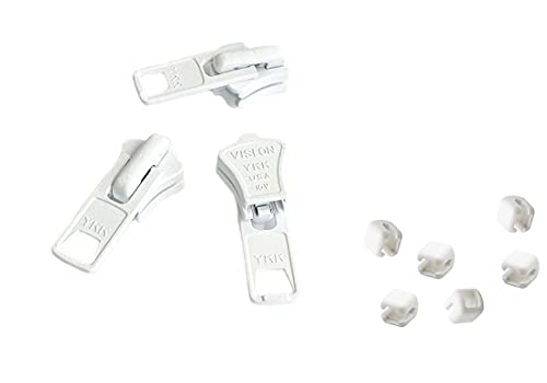 Zipper Repair Kit - #10 YKK Heavy Duty Molded Vislon White Sliders - 3 Sliders & 6 Top Stoppers Per Pack - Color: White - Made in The United States