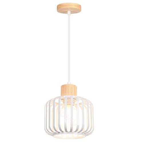 iDEGU Suspension Luminaire Rétro, 18cm Lustre Plafonnier en Bois et Métal Design Cage Industriel...