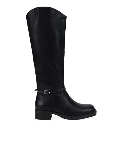 BOSANOVA Botas Altas Planas para Mujer Estilo Bota de Montar con Pieza metálica en el talón, Hebilla de aleación de Zinc y Suela Plana. Cierre con Cremallera. Calzado para Mujer Negro 38