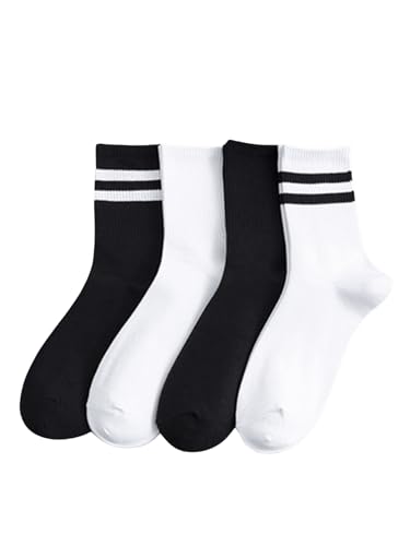 Image of OYOANGLE Women's 4 Pairs Striped Casual Crew Socks Breathable Solid Mid Calf Socks Black and White One-Size
