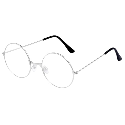 Hmxpls Fake Round Glasses Circle Costume Glasses Metal Frame Clear Lens Non-Prescription for Dress Up Cosplay Accessories (Silver)