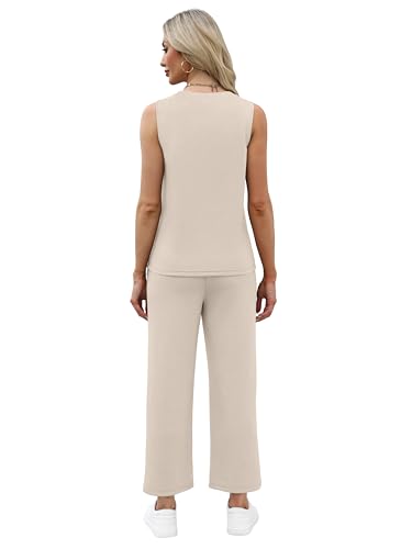 Image of WIHOLL Two Piece Sets for Women Summer Vacation Travel Outfits Pleated Tank Top Wide Leg Crop Pants Matching Lounge Sets