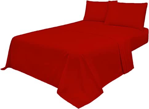 Axcent Comfort Non Iron Plain Dyed Bed Sheets Set (Flat Sheet & Fitted Sheet with 1 Pillow Case) 3 Pcs Soft Pollycotton Percale (Red, Single Sheet Set)