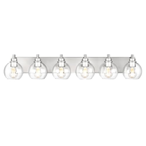 Image of Bathroom Light Fixtures, 6 Light Brushed Nickel Vanity Light, 38 Inch Modern Wall Sconces with Globe Clear Glass Shade, Vanity Lighting Fixtures Over Mirror, VL195-BN-6