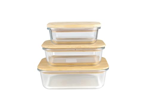 BOITE EN VERRE Lot de 3 boites en verre, couvercles bambou -370 ML, 640 ML & 1050 ML
