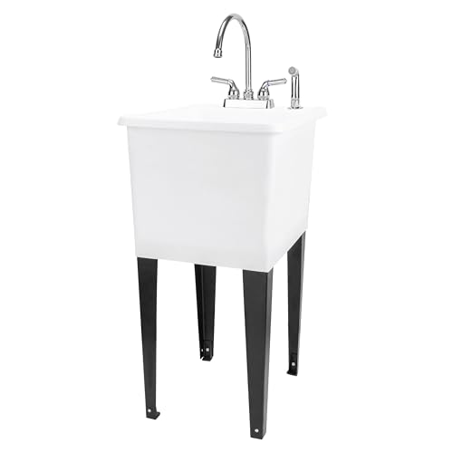 Image of White Space Saver Utility Sink by JS Jackson Supplies, Freestanding Tehila Space Saving Laundry Tub, Chrome Gooseneck Faucet with Side Sprayer