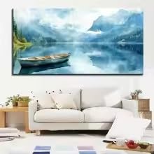 MAIMANG 1-teiliges Leinwandbild – Ruhige See-, Berg- und Himmelslandschaft mit Boot, Modernes Gemälde (80 x 150 cm/Innenrahmen)