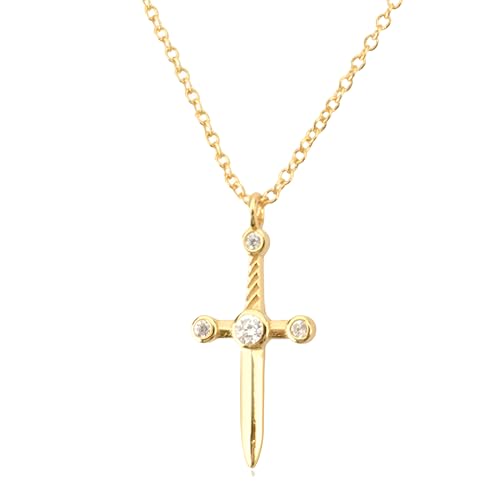 925 Sterling Silver Gothic Collar Sword Necklace For Men, 14K Yellow Gold Vintage Sword Pendant Katana Necklace - Shiny CZ Dagger Necklace For Women, Master Sword Necklace For Halloween Christmas Gifts
