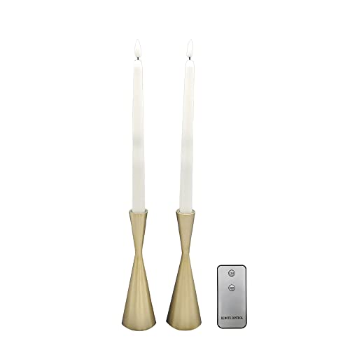 LumaBase Battery Operated 3D Wick Taper Candles with Metal Holders - Set of 2