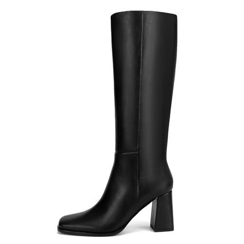 Knee High Boots for Women Faux Leather Square Toe Chunky Block Boots Long Tall Boots with Side Zip2