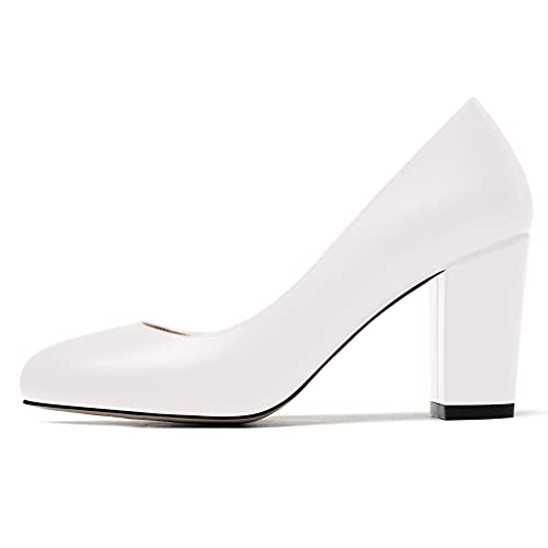 WAYDERNS Women's Thick Matte Solid Round Toe Slip On Block High Heel Pumps Shoes 3.5 Inch2